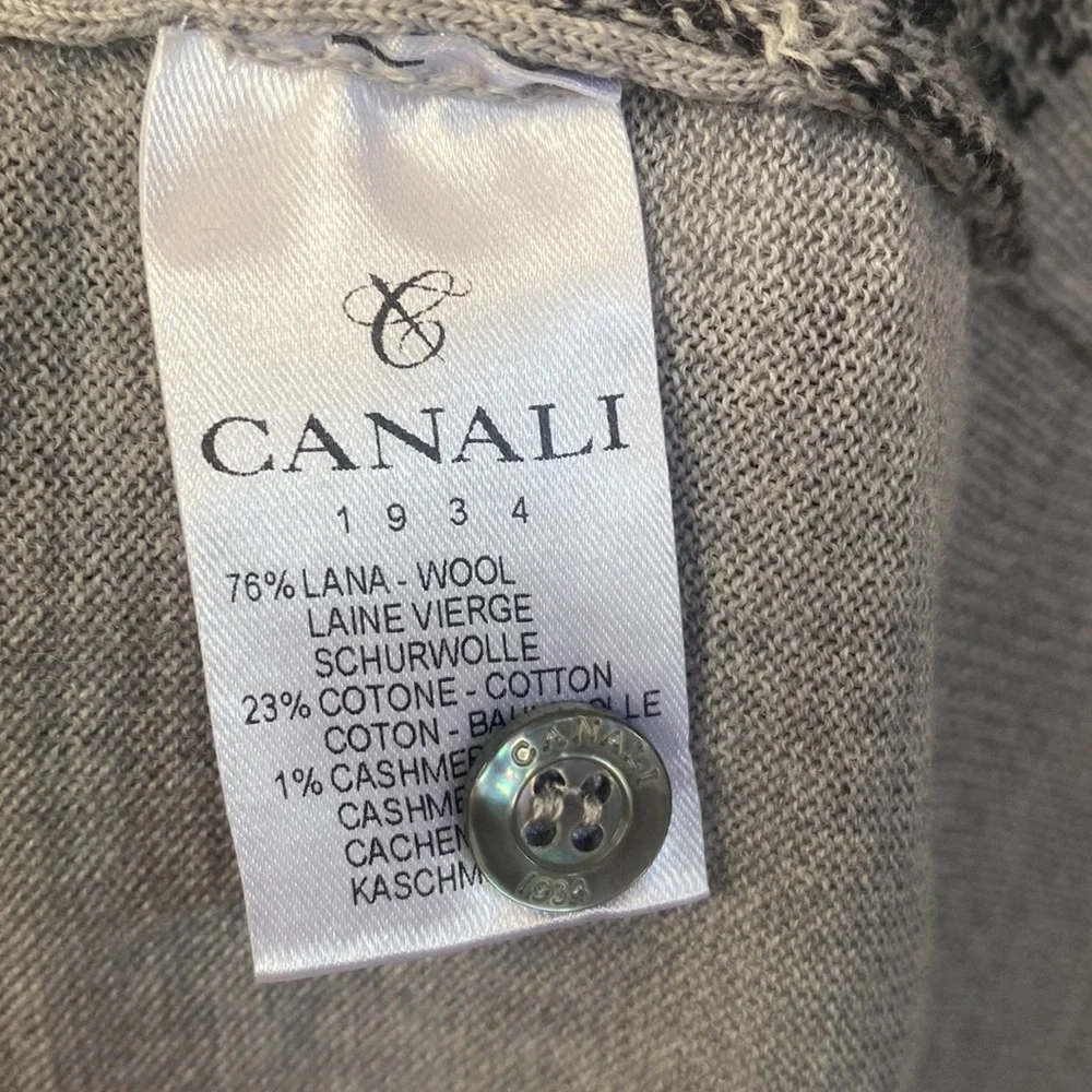 Canali Mens Long-sleeve Gray & Black‎ Houndstooth print front Sweater, Size XXL